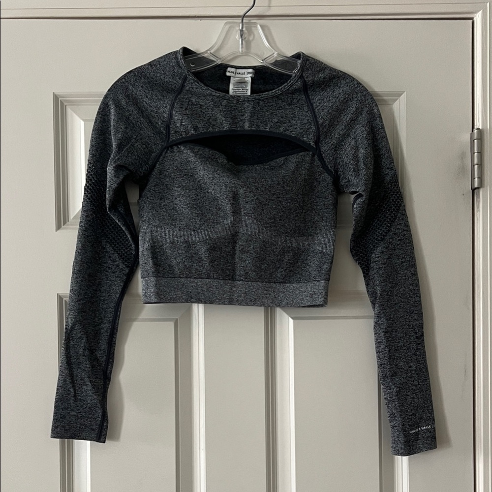 PINK Victoria's Secret Black Marled Long Sleeve Workout Crop Top